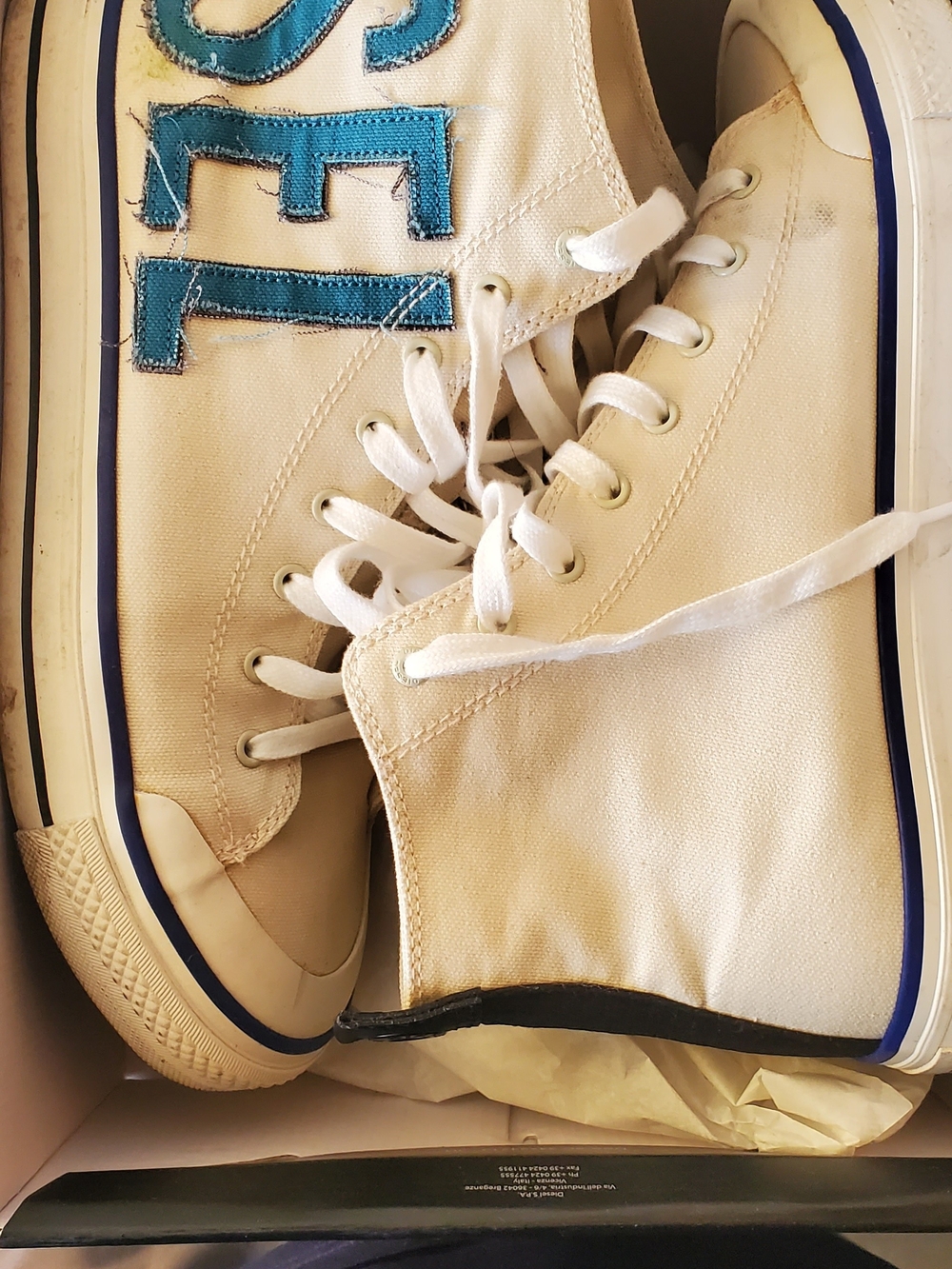 Diesel White Canvas High-Top Sneakers With Blue Accents